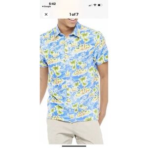 Corona Extra Tropical Island Button-Up Hawaiian Shirt Blue Mens M‎ Palm Trees